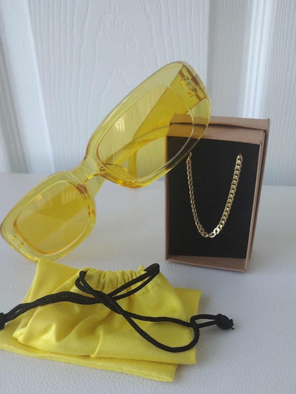 Gold Tone Necklace And Yellow Rectangular Sunglasses